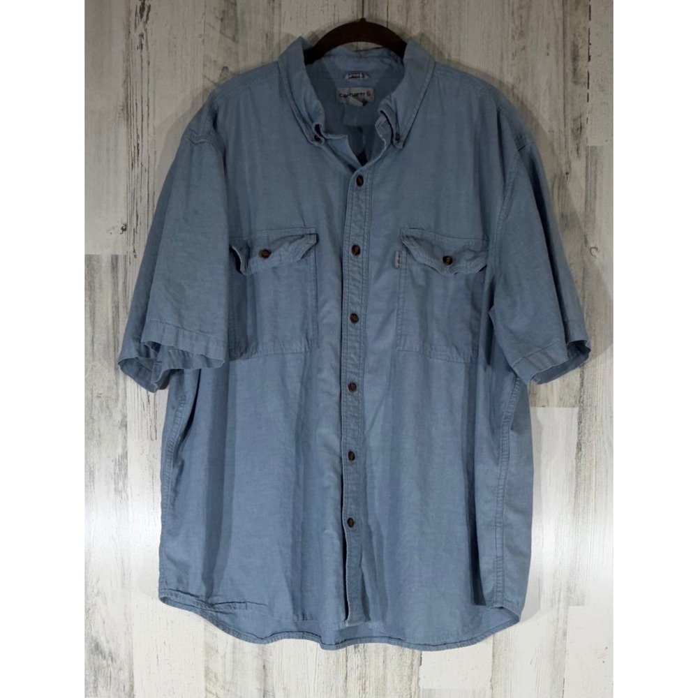 Carhartt Button Down Short Sleeve Shirt 2XL Light Blue Chambray Workwear READ